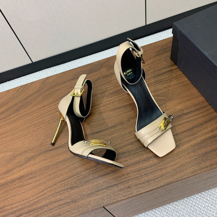 BALMAIN 26S HEELED SANDALS 95 MM IN BEIGE CALFSKIN WITH GOLD HARDWARE