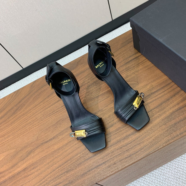 BALMAIN 26S HEELED SANDALS 95 MM IN BLACK CALFSKIN WITH GOLD HARDWARE