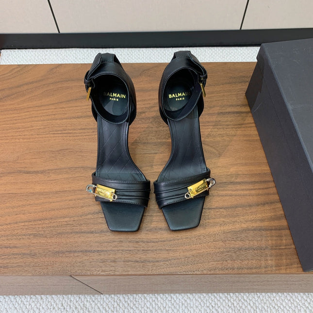 BALMAIN 26S HEELED SANDALS 95 MM IN BLACK CALFSKIN WITH GOLD HARDWARE