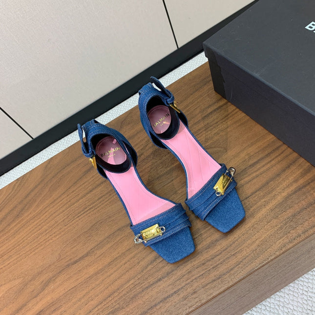 BALMAIN 26S HEELED SANDALS 95 MM IN BLUE DENIM WITH GOLD HARDWARE