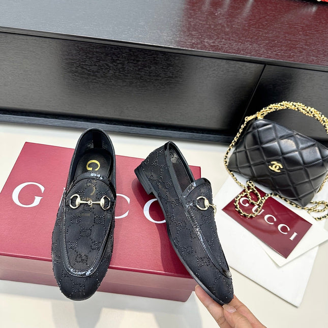 GUCCI HORSEBIT LOAFERS IN BLACK CRYSTAL MESH GOLD HARDWARE