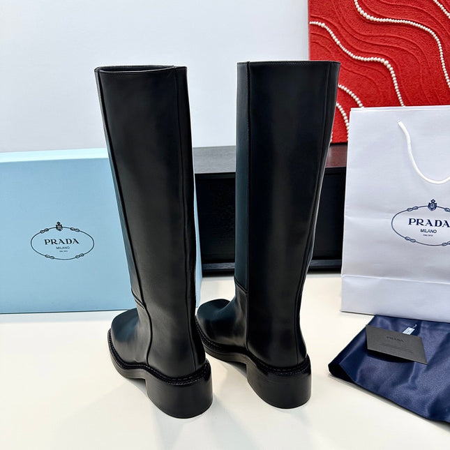 PRADA 25S SQUARE-TOE HIGH-CUT BOOTS IN BLACK CALFSKIN