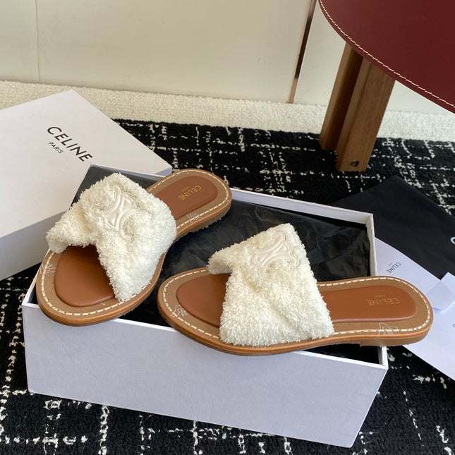 CELINE 26S TRIOMPHE FLAT SLIDES IN WHITE WOOL