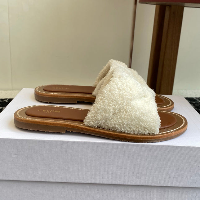 CELINE 26S TRIOMPHE FLAT SLIDES IN WHITE WOOL