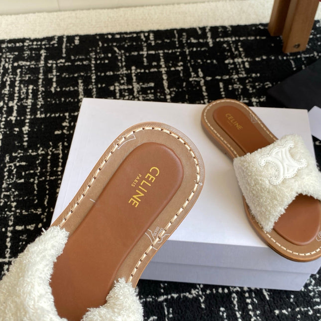 CELINE 26S TRIOMPHE FLAT SLIDES IN WHITE WOOL