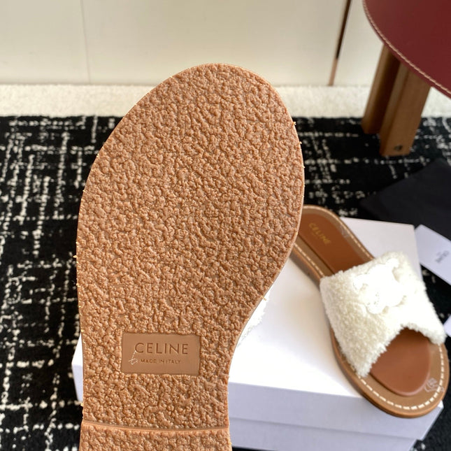 CELINE 26S TRIOMPHE FLAT SLIDES IN WHITE WOOL