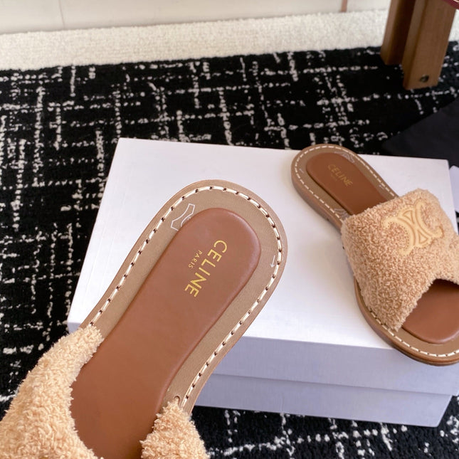 CELINE 26S TRIOMPHE FLAT SLIDES IN PEACH BEIGE WOOL