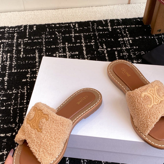 CELINE 26S TRIOMPHE FLAT SLIDES IN PEACH BEIGE WOOL