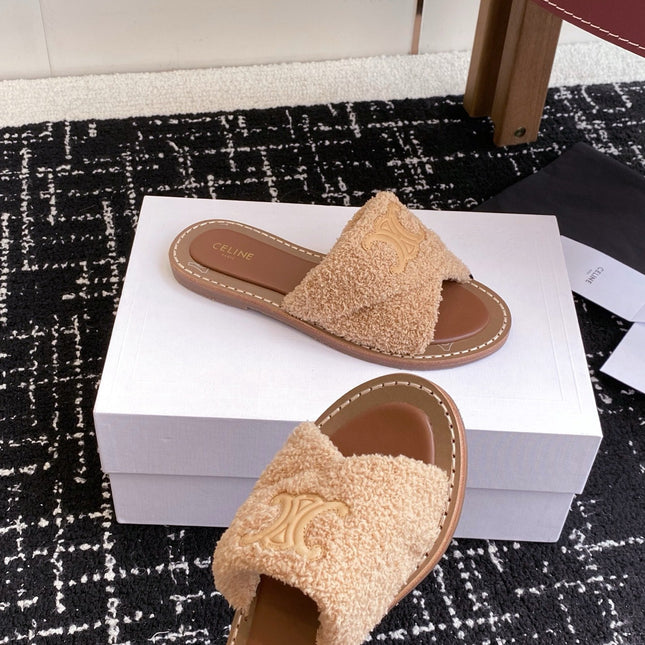 CELINE 26S TRIOMPHE FLAT SLIDES IN PEACH BEIGE WOOL