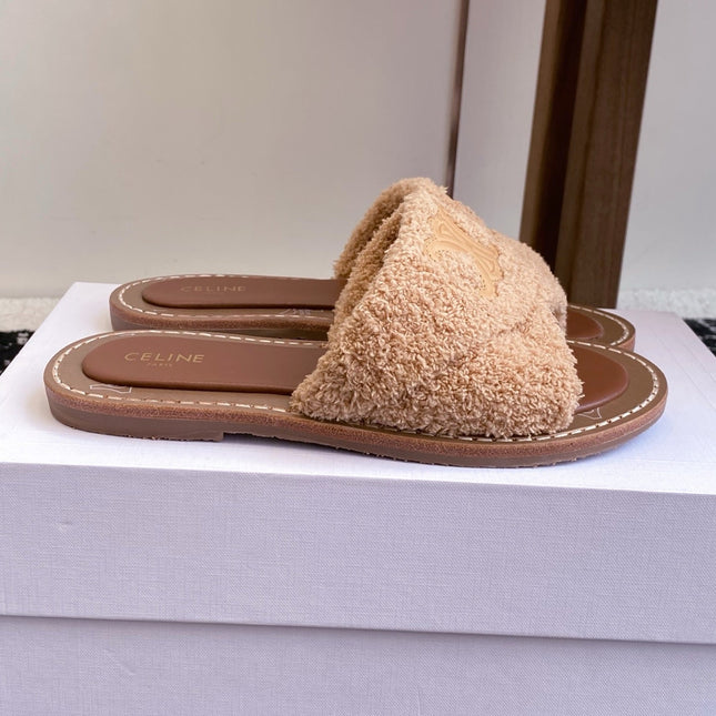 CELINE 26S TRIOMPHE FLAT SLIDES IN PEACH BEIGE WOOL