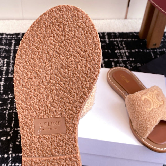 CELINE 26S TRIOMPHE FLAT SLIDES IN PEACH BEIGE WOOL