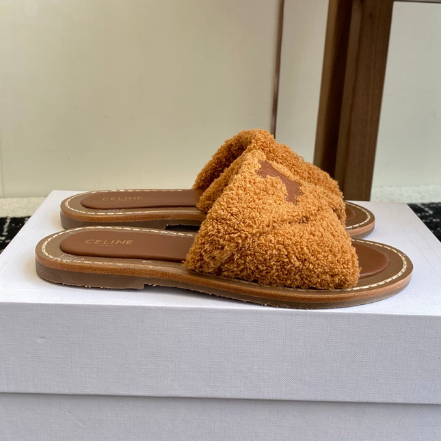 CELINE 26S TRIOMPHE FLAT SLIDES IN BROWN WOOL