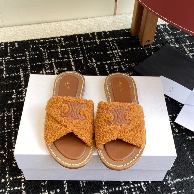 CELINE 26S TRIOMPHE FLAT SLIDES IN BROWN WOOL