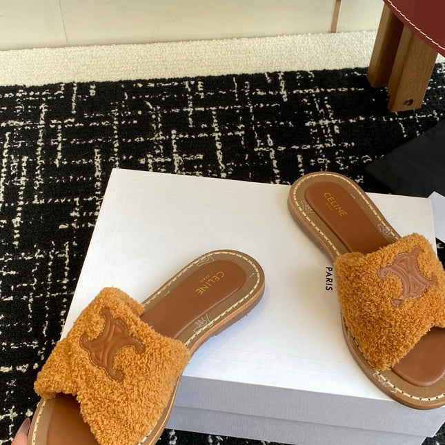 CELINE 26S TRIOMPHE FLAT SLIDES IN BROWN WOOL