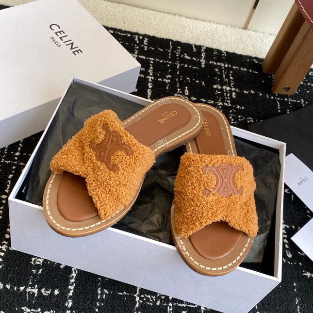 CELINE 26S TRIOMPHE FLAT SLIDES IN BROWN WOOL