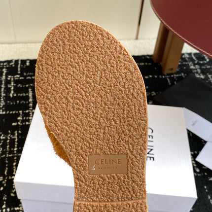 CELINE 26S TRIOMPHE FLAT SLIDES IN BROWN WOOL