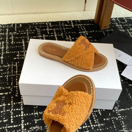 CELINE 26S TRIOMPHE FLAT SLIDES IN BROWN WOOL