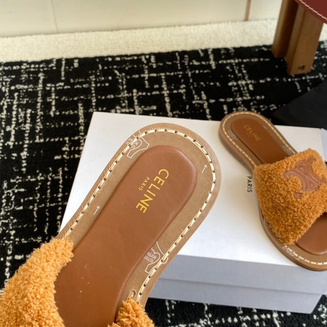 CELINE 26S TRIOMPHE FLAT SLIDES IN BROWN WOOL
