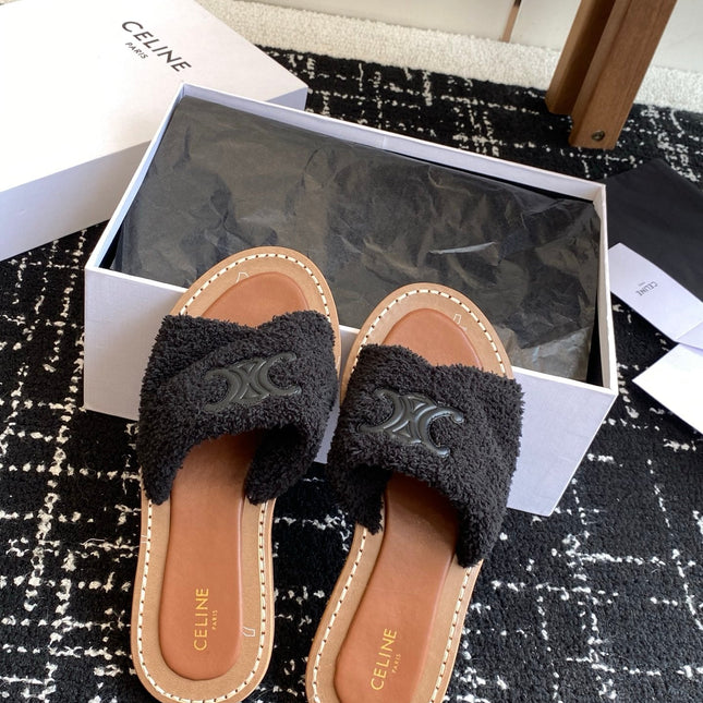 CELINE 26S TRIOMPHE FLAT SLIDES IN BLACK WOOL