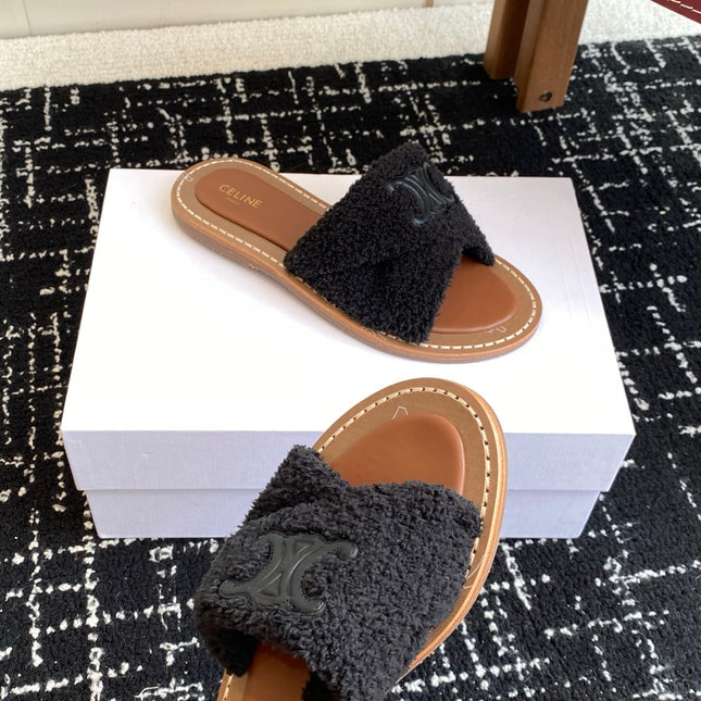 CELINE 26S TRIOMPHE FLAT SLIDES IN BLACK WOOL