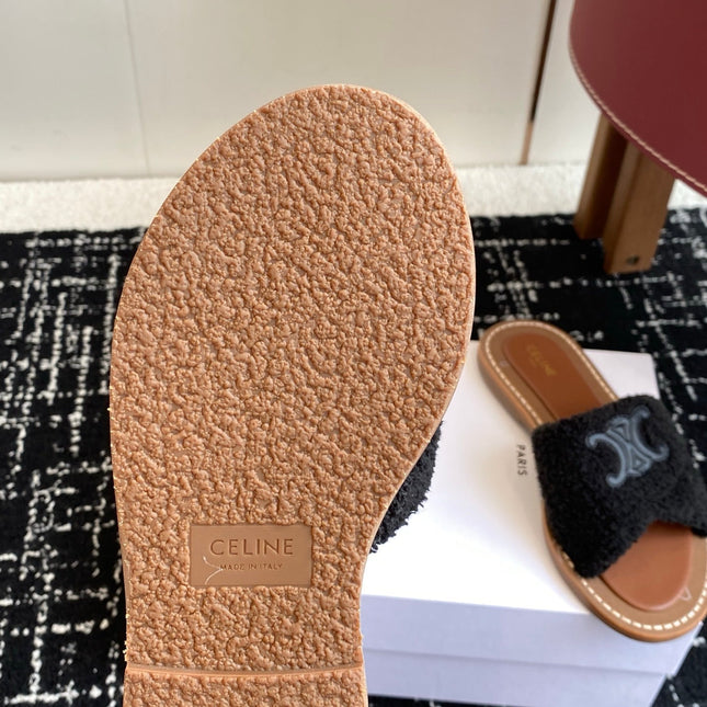 CELINE 26S TRIOMPHE FLAT SLIDES IN BLACK WOOL