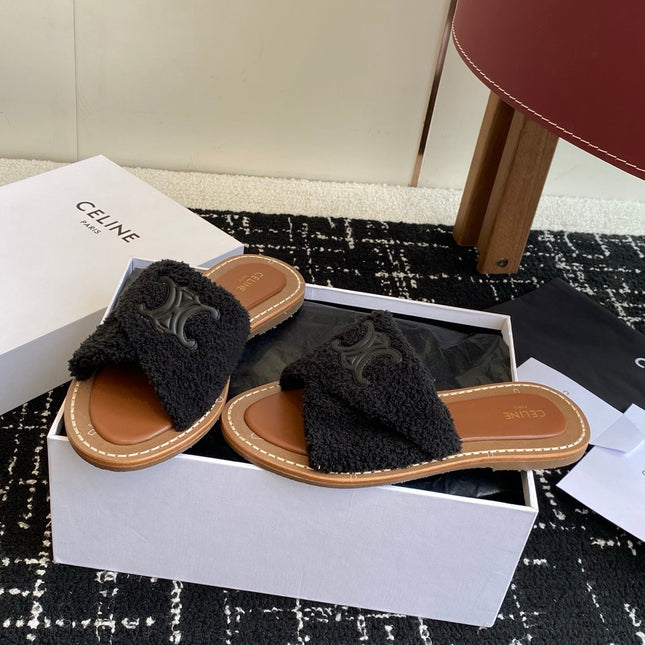 CELINE 26S TRIOMPHE FLAT SLIDES IN BLACK WOOL