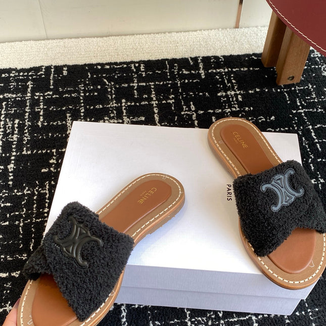 CELINE 26S TRIOMPHE FLAT SLIDES IN BLACK WOOL