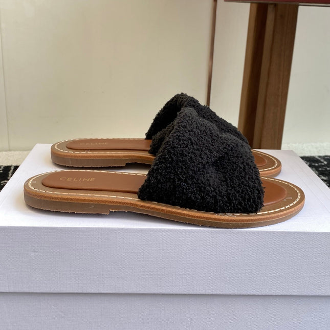 CELINE 26S TRIOMPHE FLAT SLIDES IN BLACK WOOL
