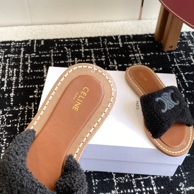 CELINE 26S TRIOMPHE FLAT SLIDES IN BLACK WOOL