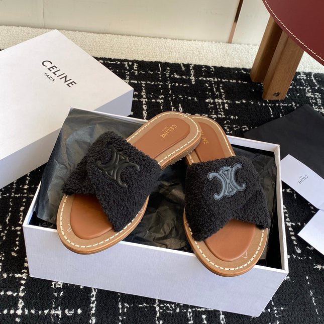 CELINE 26S TRIOMPHE FLAT SLIDES IN BLACK WOOL