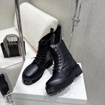 CELINE 26S CHUNKY-SOLE COMBAT BOOTS IN BLACK CALFSKIN