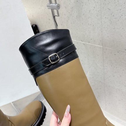 CELINE 26S KNEE-HIGH BOOTS IN OLIVE BROWN AND BLACK CALFSKIN