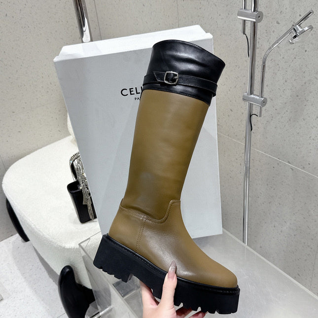 CELINE 26S KNEE-HIGH BOOTS IN OLIVE BROWN AND BLACK CALFSKIN