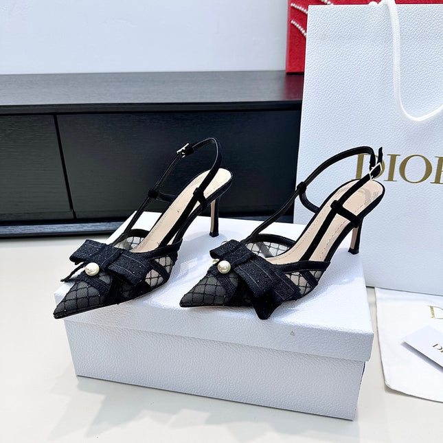 DIOR 26S POINTED TOE HEELED SANDALS 85MM IN BLACK FABRIC WITH PEARL BOW