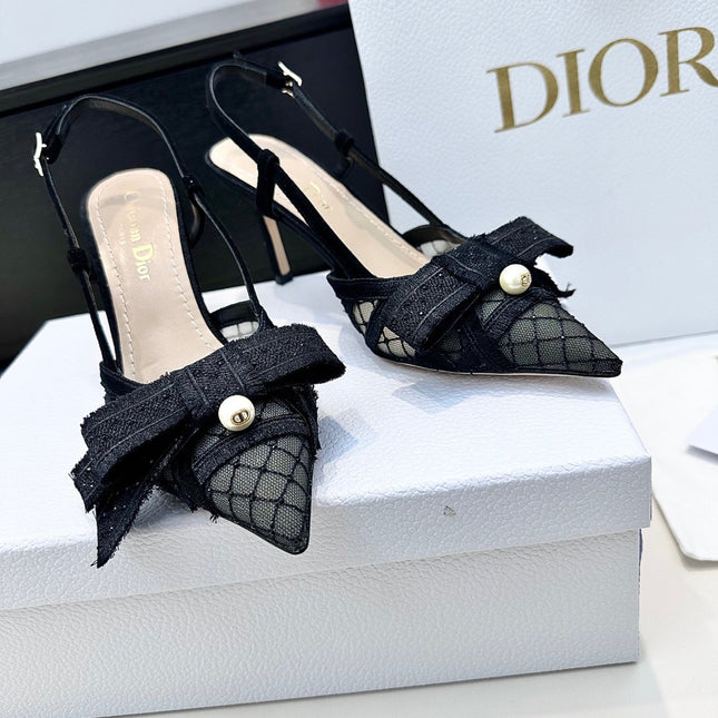 DIOR 26S POINTED TOE HEELED SANDALS 85MM IN BLACK FABRIC WITH PEARL BOW