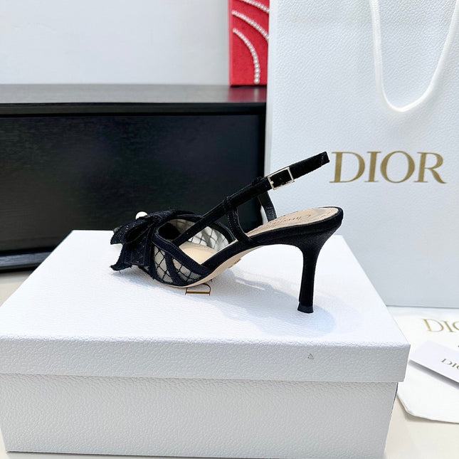 DIOR 26S POINTED TOE HEELED SANDALS 85MM IN BLACK FABRIC WITH PEARL BOW