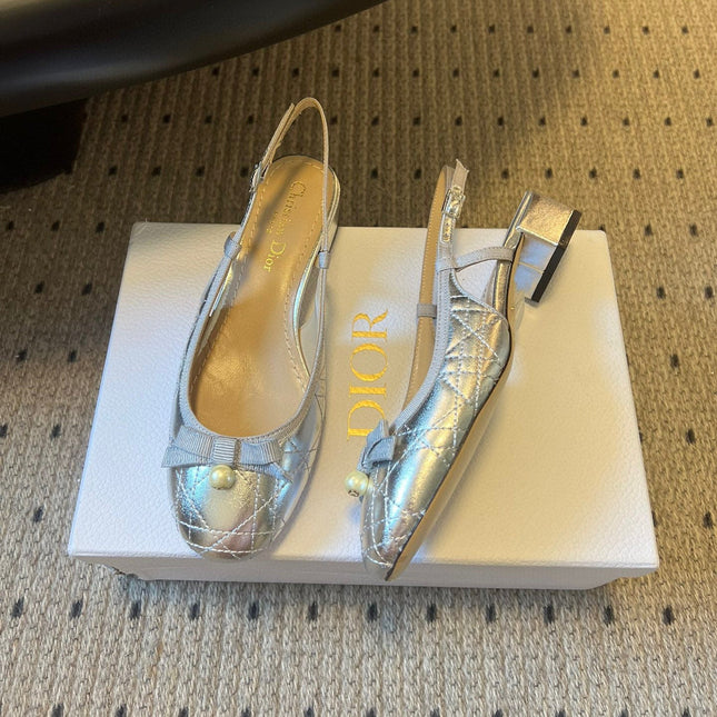 DIOR 26S OPEN BACK SANDALS IN SILVER CALFSKIN WITH PEARL BOW