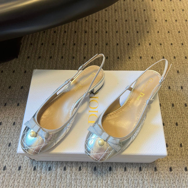 DIOR 26S OPEN BACK SANDALS IN SILVER CALFSKIN WITH PEARL BOW