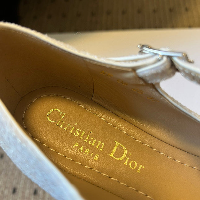 DIOR 26S BALLET FLAT IN WHITE LAMINATED LAMBSKIN AND GLITTER