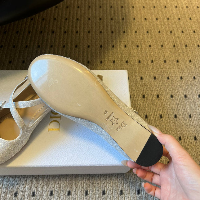 DIOR 26S BALLET FLAT IN WHITE LAMINATED LAMBSKIN AND GLITTER