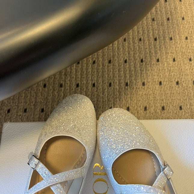 DIOR 26S BALLET FLAT IN WHITE LAMINATED LAMBSKIN AND GLITTER