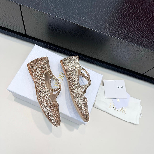 DIOR 26S BALLET FLAT IN GOLD LAMINATED LAMBSKIN AND GLITTER