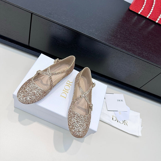 DIOR 26S BALLET FLAT IN GOLD LAMINATED LAMBSKIN AND GLITTER