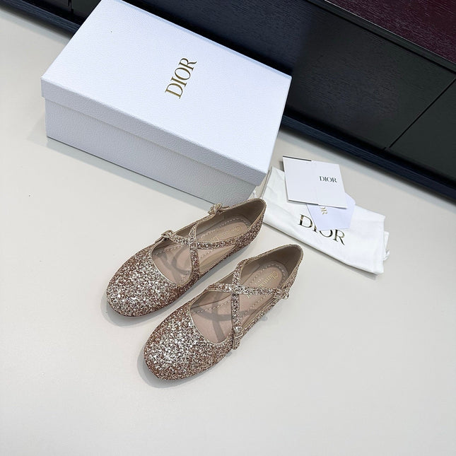 DIOR 26S BALLET FLAT IN GOLD LAMINATED LAMBSKIN AND GLITTER