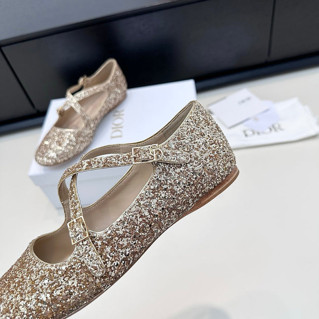 DIOR 26S BALLET FLAT IN GOLD LAMINATED LAMBSKIN AND GLITTER