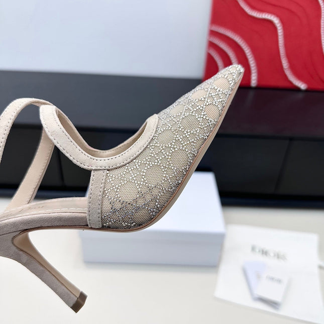 DIOR 26S CAPTURE HEELED MULE 100MM IN BEIGE SUEDE WITH SILVER STRASS CANNAGE MOTIF