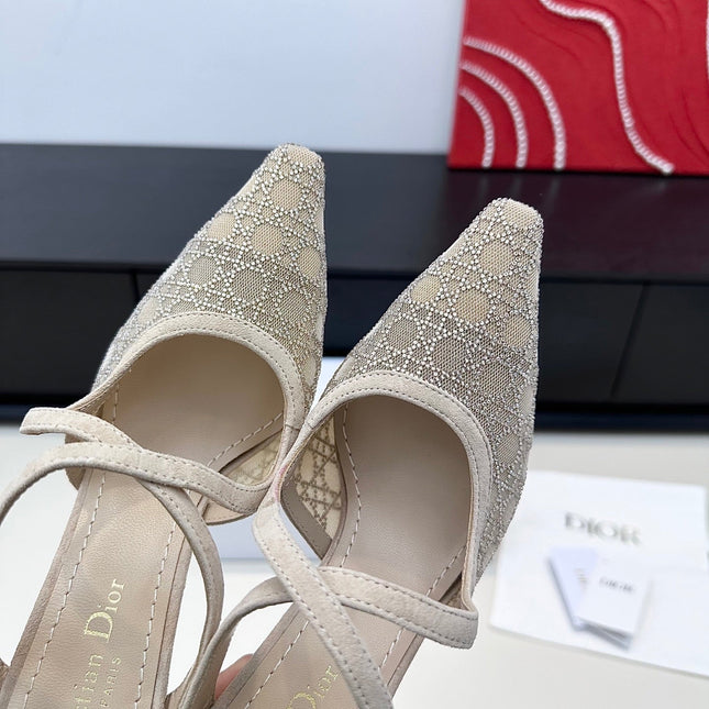 DIOR 26S CAPTURE HEELED MULE 100MM IN BEIGE SUEDE WITH SILVER STRASS CANNAGE MOTIF