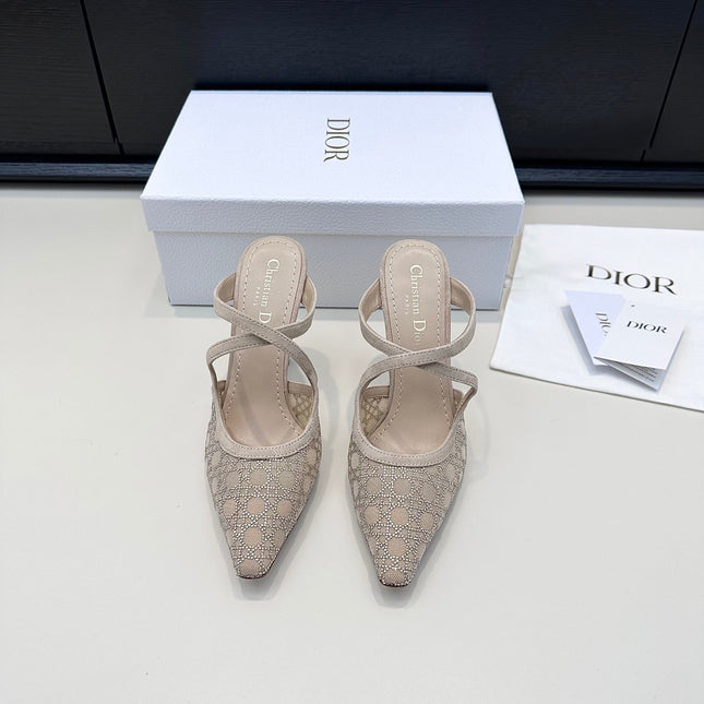 DIOR 26S CAPTURE HEELED MULE 100MM IN BEIGE SUEDE WITH SILVER STRASS CANNAGE MOTIF