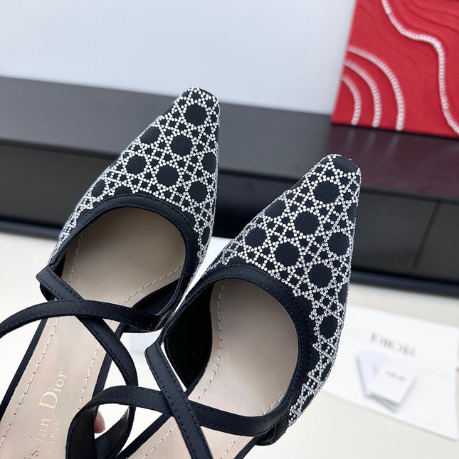 DIOR 26S SLINGBACK PUMP 100MM IN BLACK SATIN WITH SILVER STRASS CANNAGE MOTIF