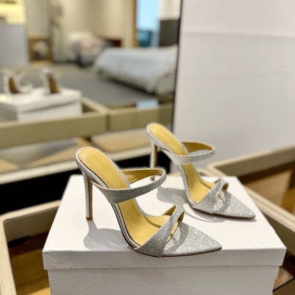 GIANVITO ROSSI 26S HEELED SANDALS 105 MM IN SILVER GLITTER